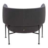 Gray upholstered chair with a smooth, rounded back and sleek black metal legs. Elegant and modern design.