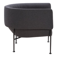 Dark gray upholstered chair with a sleek, curved silhouette and black metal legs, perfect for modern decor.