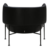Black upholstered chair with smooth contours and black metal legs, showcasing a modern, minimalist design.