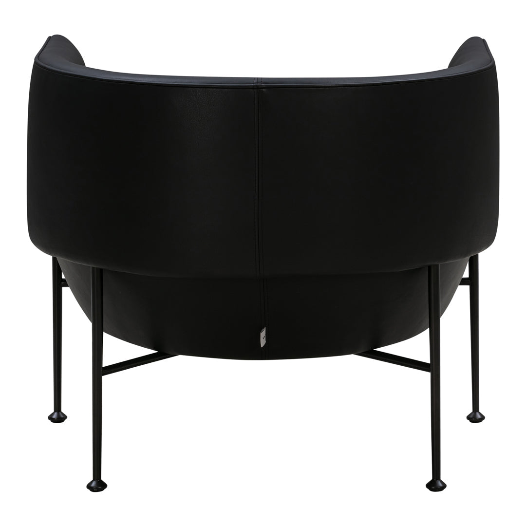 Black upholstered chair with smooth contours and black metal legs, showcasing a modern, minimalist design.