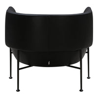 Black upholstered chair with smooth contours and black metal legs, showcasing a modern, minimalist design.