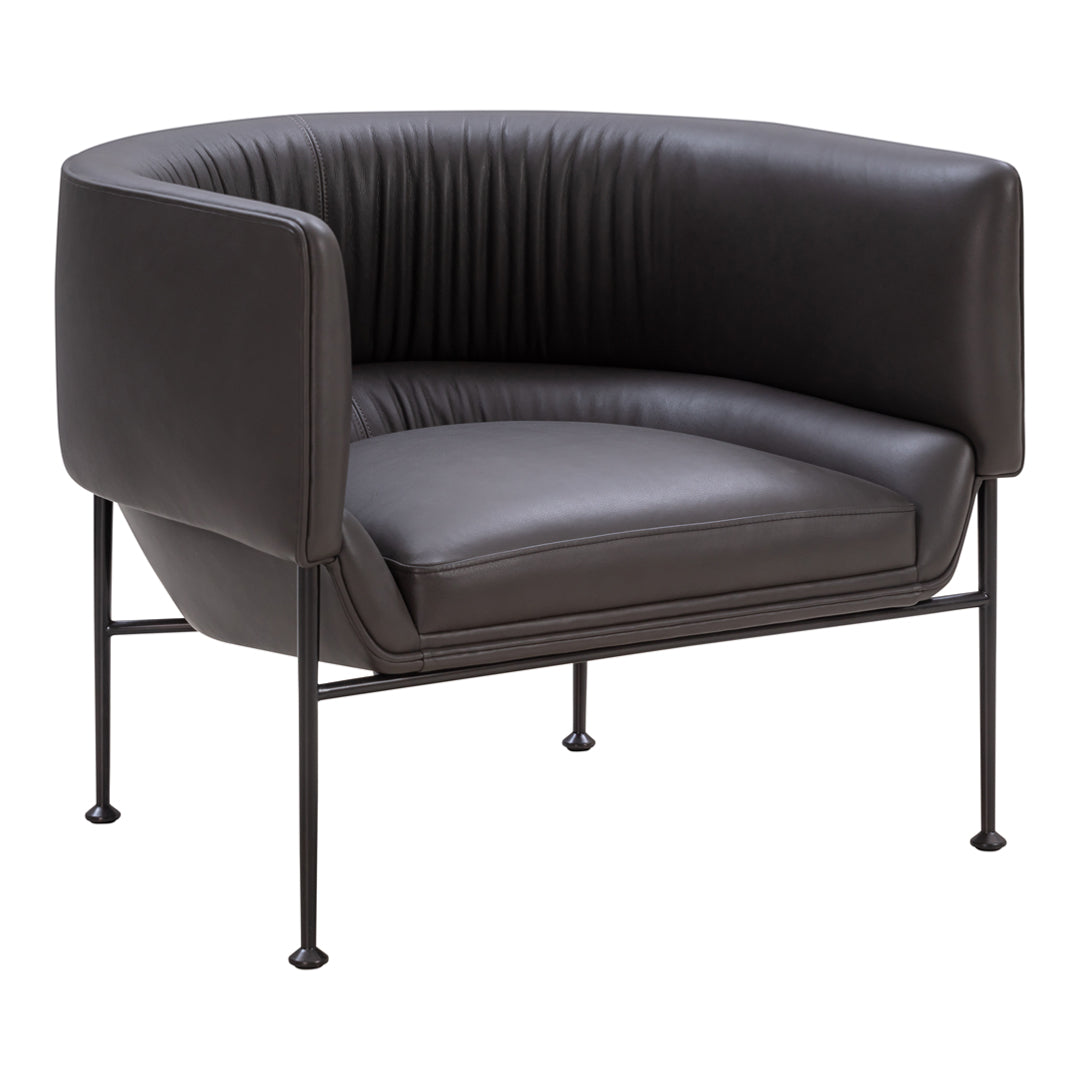 Modern black leather chair with ribbed design and sleek metal legs, perfect for contemporary decor.
