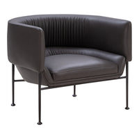 Modern black leather chair with ribbed design and sleek metal legs, perfect for contemporary decor.