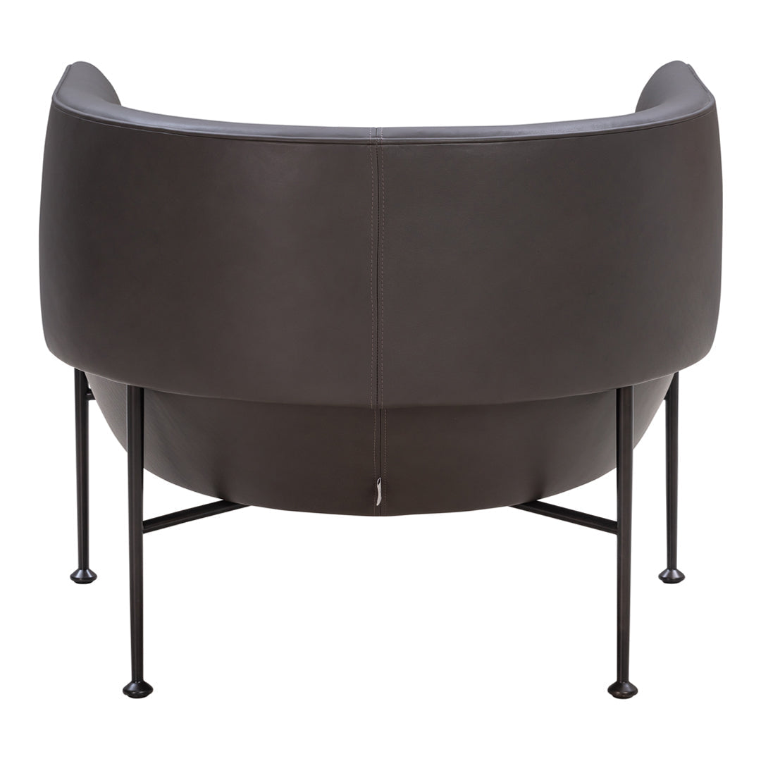 "Dark brown contemporary chair with smooth leather and sleek black metal legs, showcasing a minimalist design."