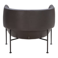 "Dark brown contemporary chair with smooth leather and sleek black metal legs, showcasing a minimalist design."