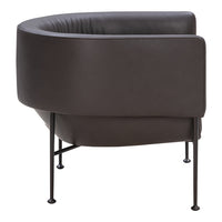 Dark brown leather lounge chair with a smooth, curved design and black metal legs. Modern and sleek aesthetic.