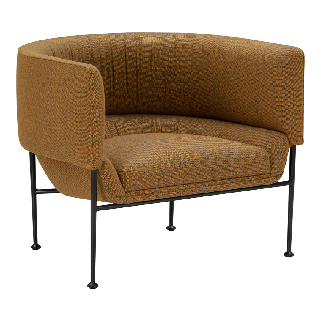 Mid-century modern chair in warm brown fabric with a smooth, textured finish and sleek black metal legs.