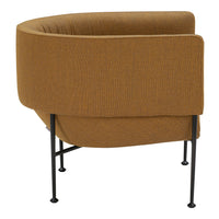 Curved armchair in warm mustard brown texture with minimalist black legs. Perfect for modern decor.