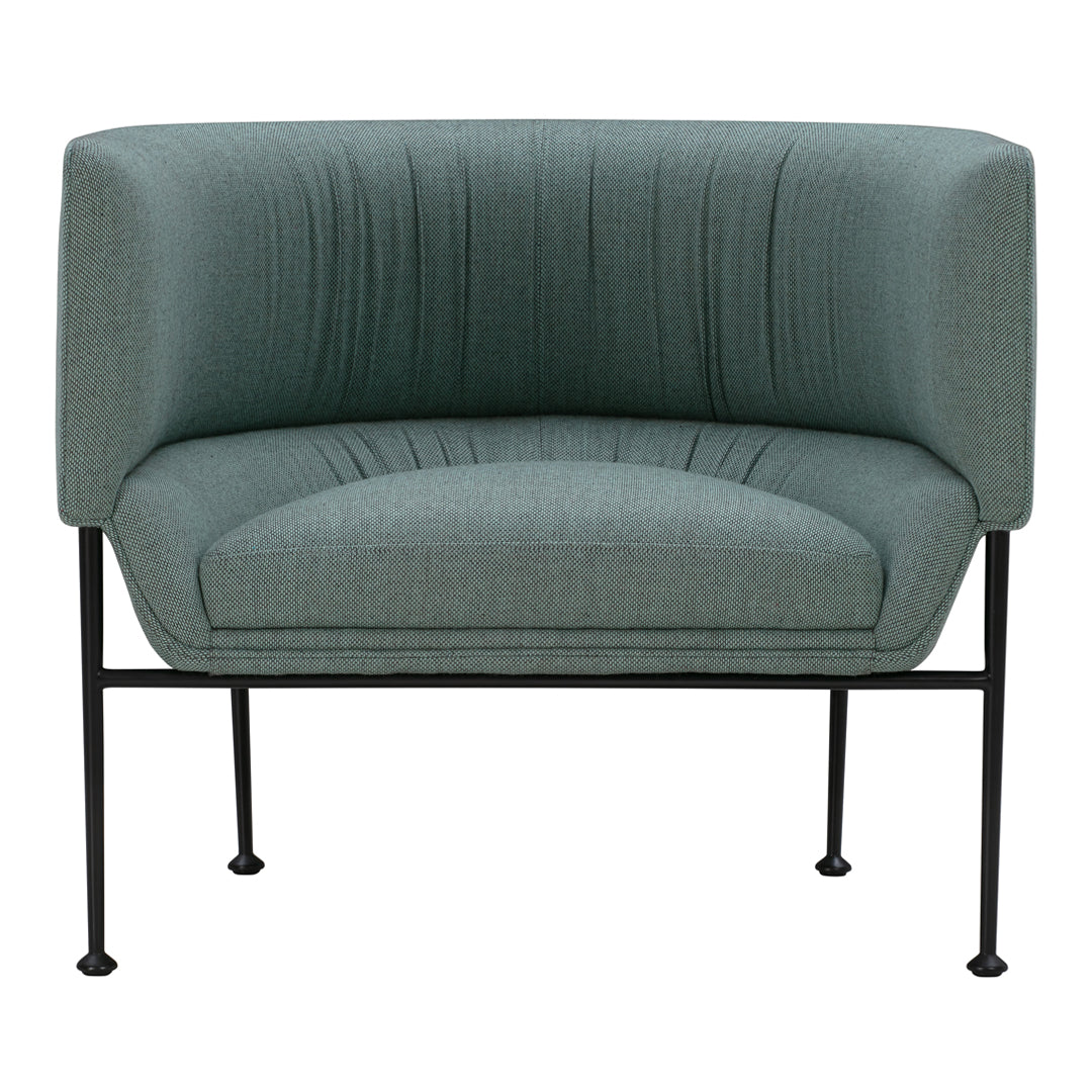 Teal upholstered accent chair with ribbed texture and minimalist black metal legs, perfect for modern decor.