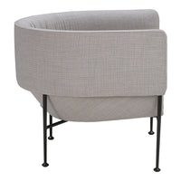 Curved beige chair with subtle patterned upholstery and sleek black metal legs. Perfect for modern decor.