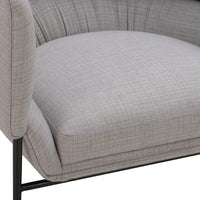 Light gray upholstered chair with a subtle checkered pattern and sleek black metal legs.