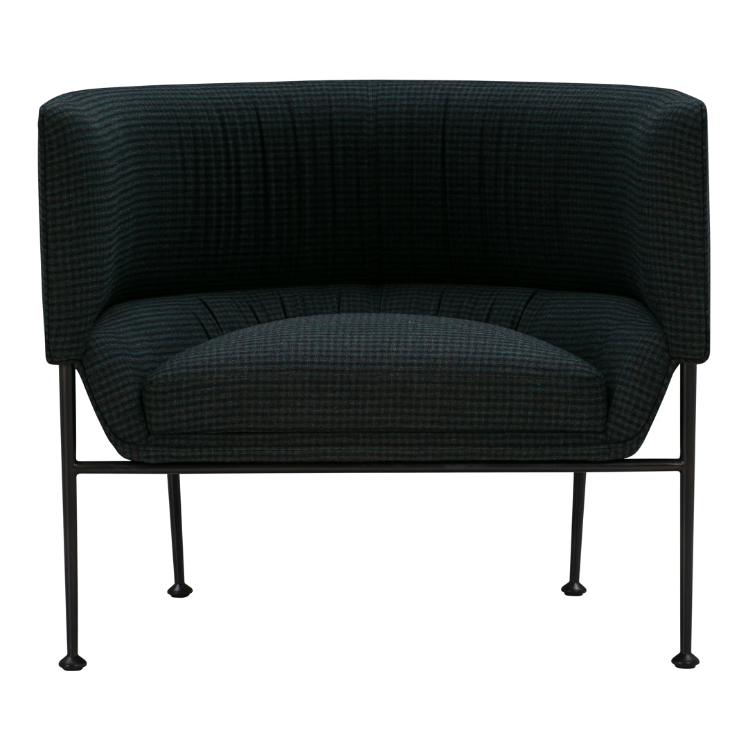 Black textured armchair with a modern silhouette and sleek black metal legs, perfect for contemporary decor.