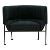 Black textured armchair with a modern silhouette and sleek black metal legs, perfect for contemporary decor.