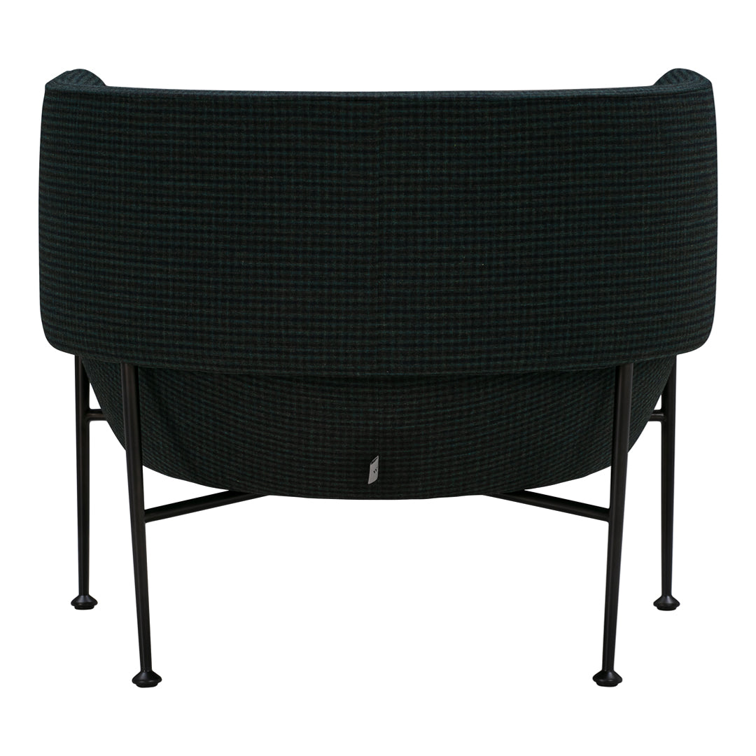 "Back view of a modern chair featuring a textured black fabric and sleek metal legs."