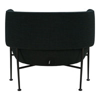 "Back view of a modern chair featuring a textured black fabric and sleek metal legs."