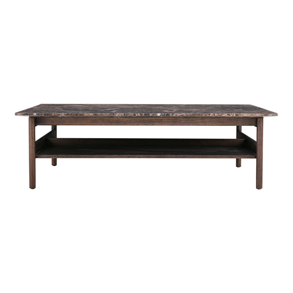 Brown wooden coffee table with a stylish marble-patterned top and a lower shelf for storage.