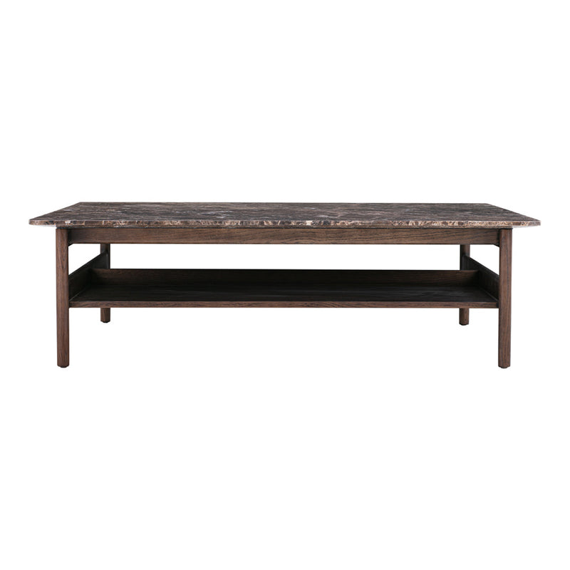 Brown wooden coffee table with a stylish marble-patterned top and a lower shelf for storage.