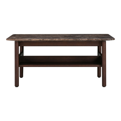Brown wooden coffee table with a natural stone patterned top and a sleek, minimalist design. Perfect for modern decor.