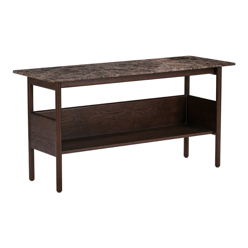 Dark brown wood table with a patterned marble top and open shelf design, featuring a sleek, modern finish.