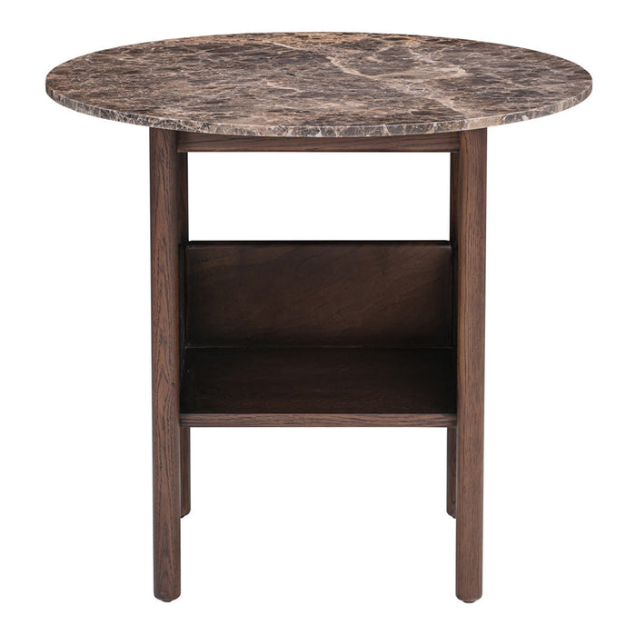 Round marble-patterned tabletop in dark brown hues with a simple wooden frame and shelf. Perfect for modern decor.