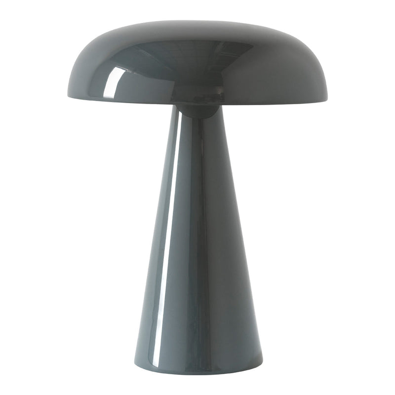 Gray modern table lamp with a sleek, glossy finish and minimalist design. Perfect for contemporary decor.