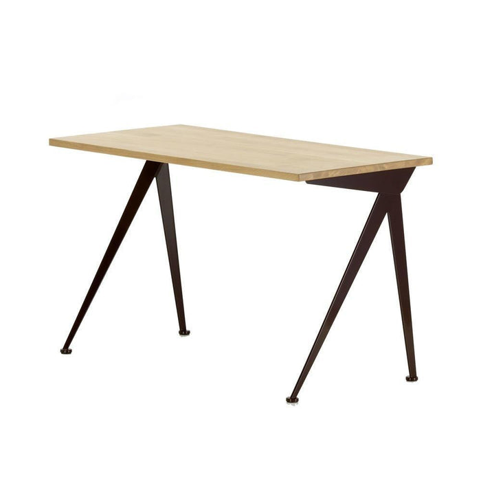 Light wood tabletop with sleek black metal legs, featuring a minimalist design and angular patterns.