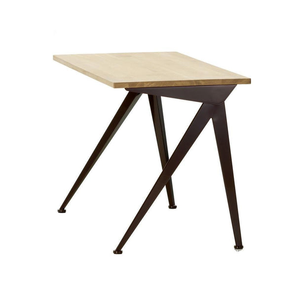 Natural wood top with a light finish, contrasted by dark, angled metal legs for a modern, industrial look.