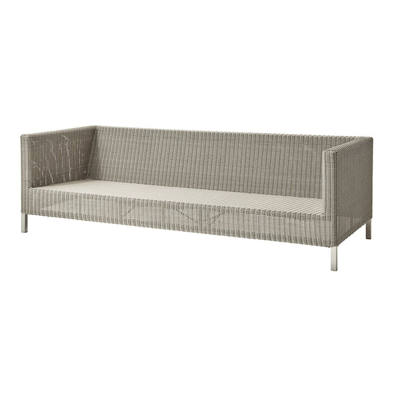 Light gray woven outdoor sofa with a modern pattern and sleek metallic legs. Perfect for stylish patio decor.