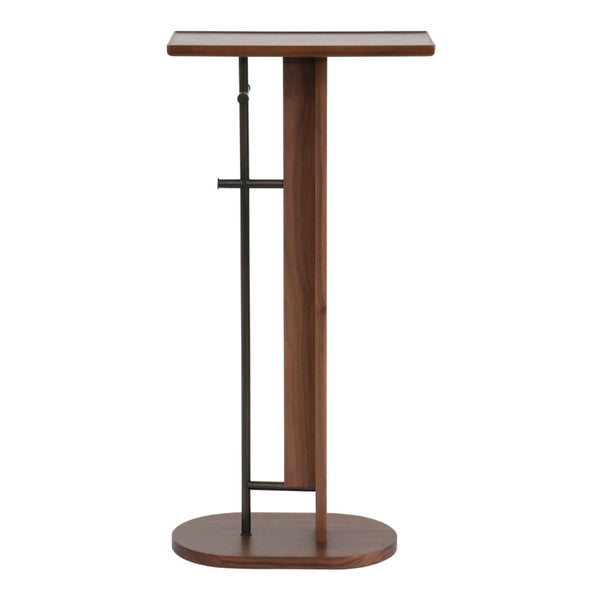 Walnut wood finish with sleek black accents, featuring a minimalist design and smooth lines. Ideal for modern decor.