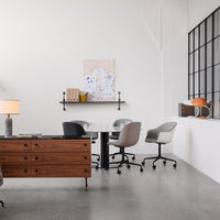 Modern office interior featuring neutral tones, wood textures, and soft gray and beige patterns. Stylish and contemporary design.