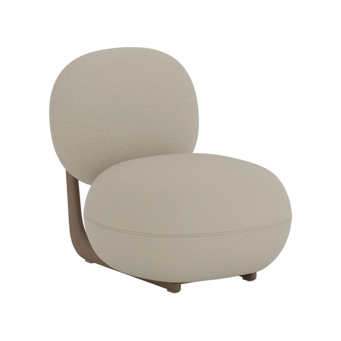 Neutral beige upholstery with a textured finish, paired with a sleek wooden base for a modern look.