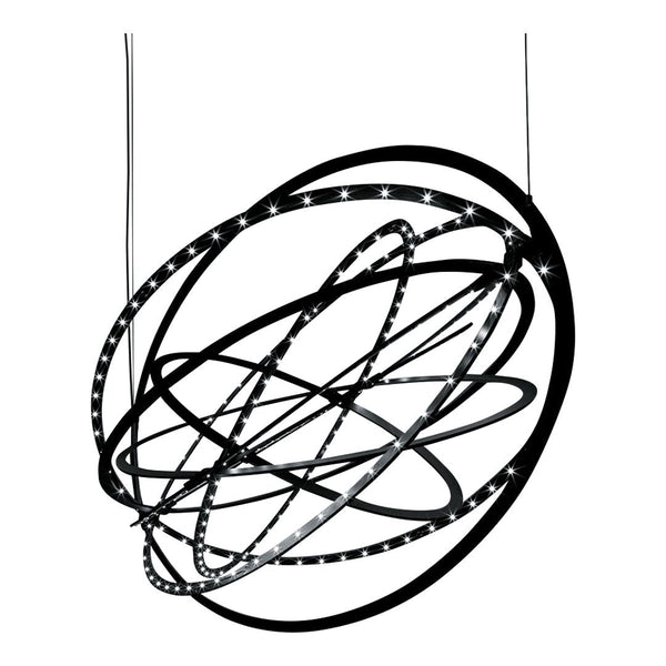 Modern black and silver pendant light featuring an abstract, swirling design with integrated LED lights.