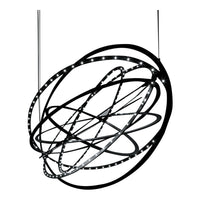 Sleek black and silver pendant light with swirling, geometric patterns, accentuated by LED lights.