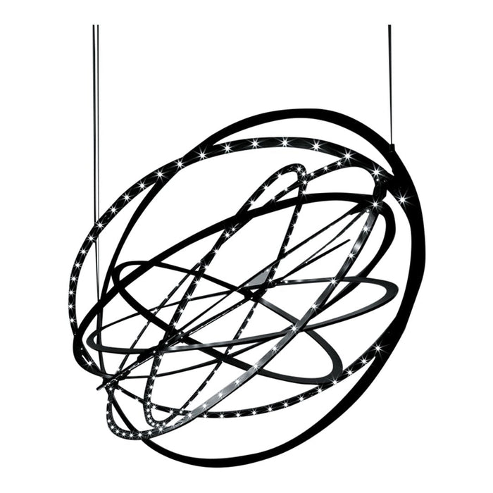 Sleek black and silver pendant light with swirling, geometric patterns, accentuated by LED lights.