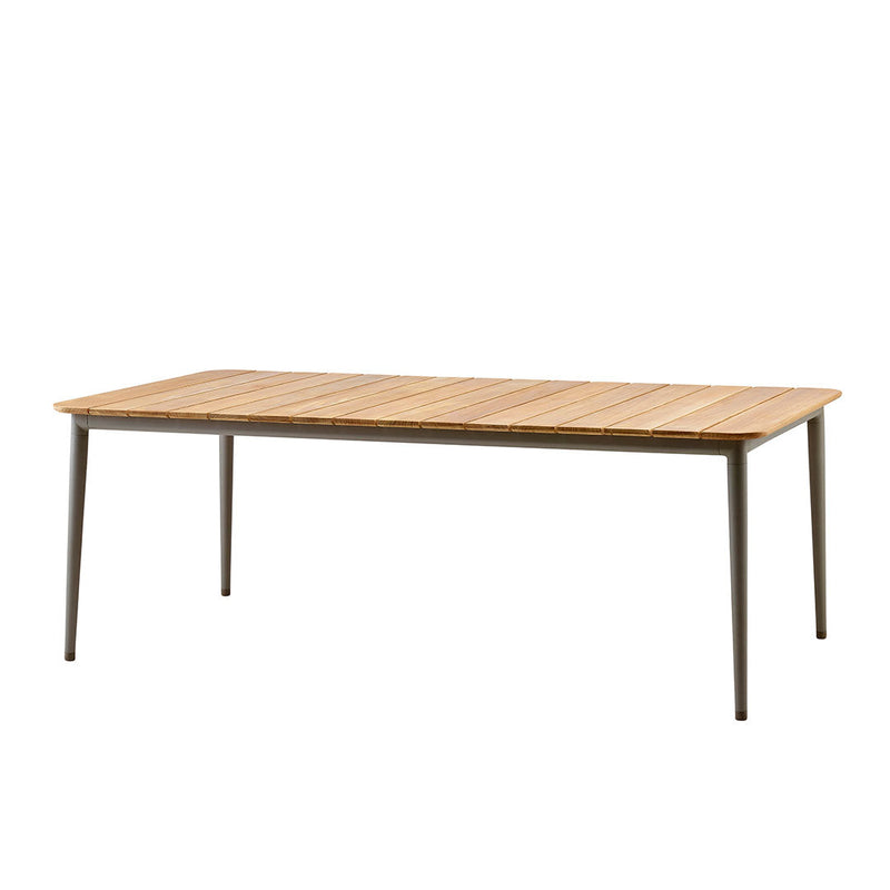 Light brown wooden tabletop with slatted design and sleek black metal legs, perfect for modern dining spaces.
