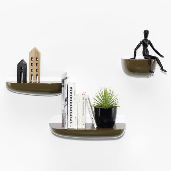 "Modern wall shelves in olive green with white accents, featuring minimalist decor and geometric patterns."