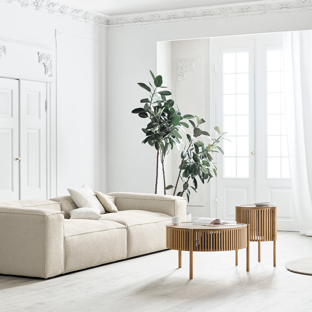 Neutral beige sofa with minimalist design, paired with natural wooden tables and lush green plants in a bright, airy room.