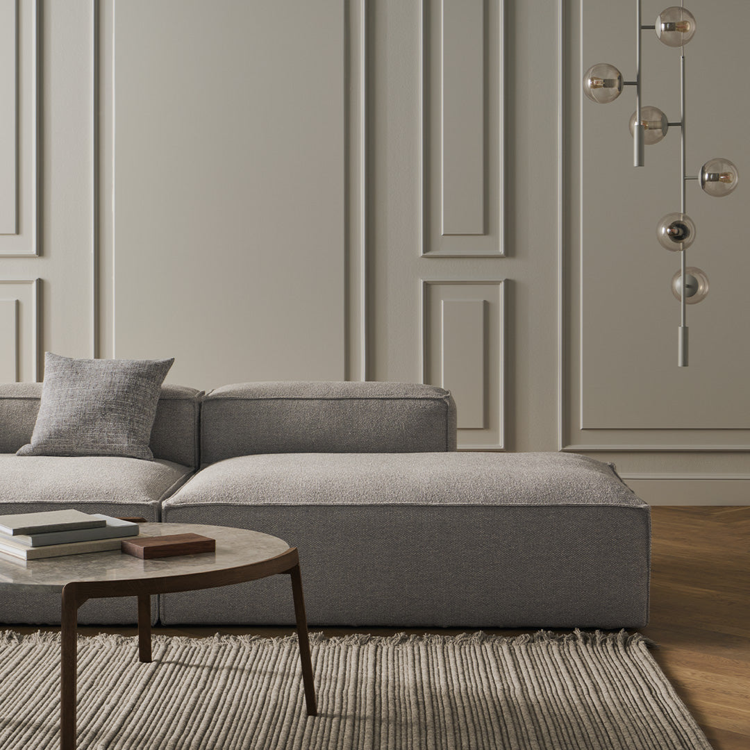 Gray sectional sofa with light gray accents, set against a minimalist backdrop and complemented by a textured rug.