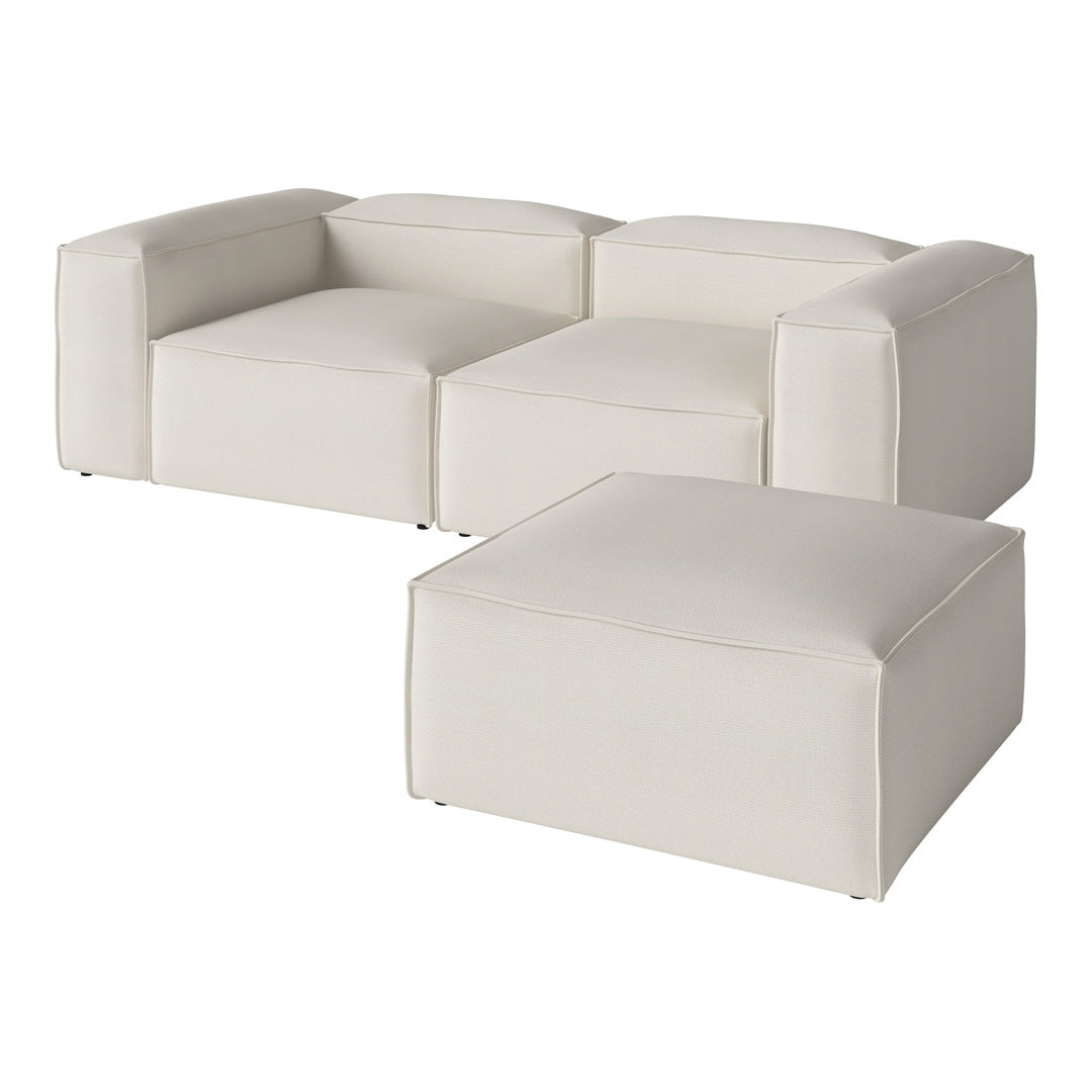 Modern white sectional sofa with clean lines and a matching ottoman, featuring a sleek and minimalist design.