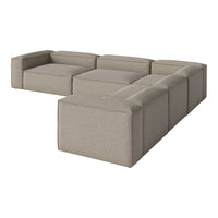 Beige modular sectional sofa with smooth, clean lines and a textured fabric finish. Perfect for modern living spaces.