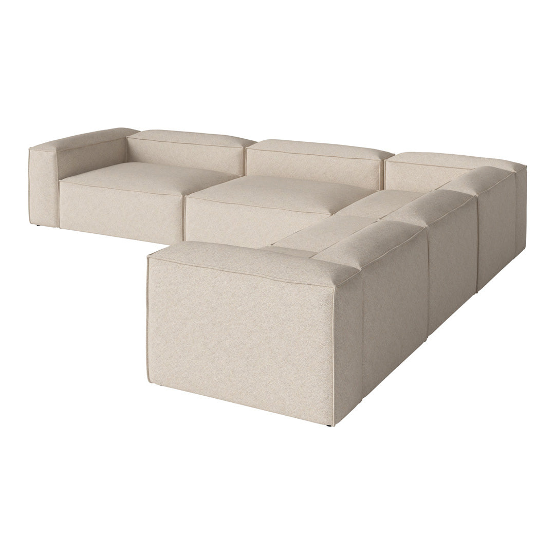 Beige modular sofa with a simple, clean design and smooth fabric texture, ideal for modern living spaces.