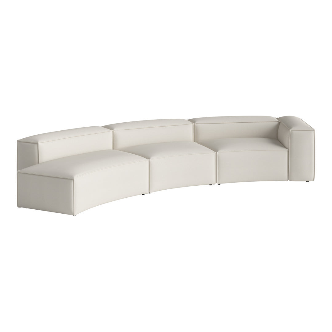 Modern curved sofa in a soft, solid white color with a sleek, minimalistic design. Ideal for contemporary spaces.