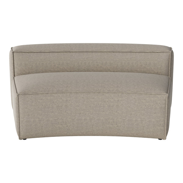 Beige curved sofa with subtle textured stripes, ideal for modern interior decor.