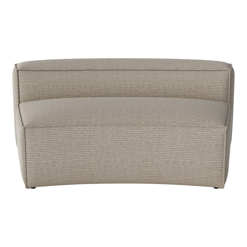 Beige curved sofa with subtle textured stripes, ideal for modern interior decor.
