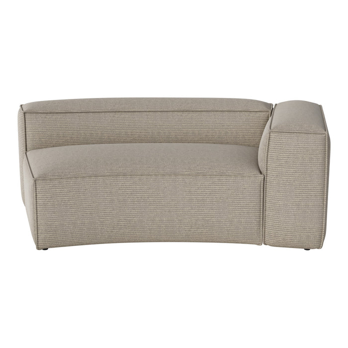 Curved sofa in soft beige with subtle textured stripes, enhancing modern decor elegance.