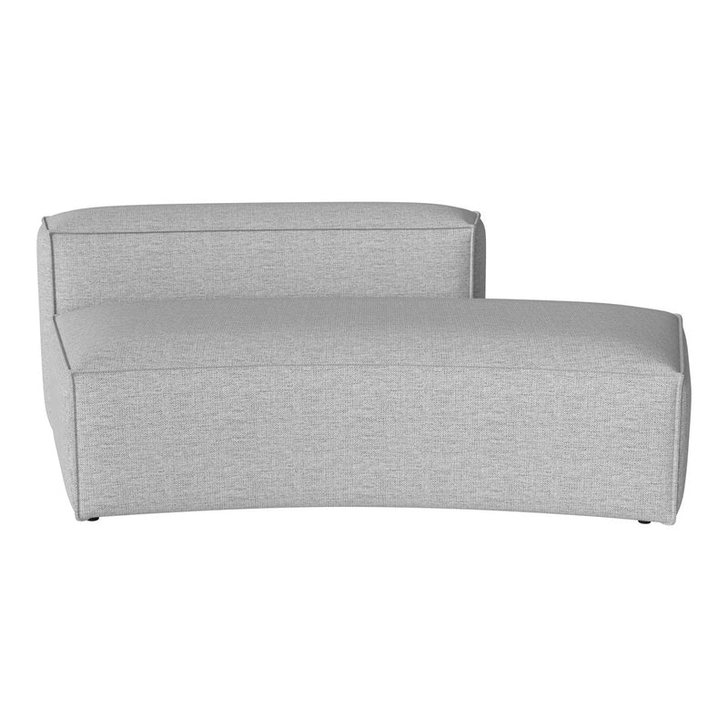 Gray upholstered chaise lounge with a modern, textured pattern and sleek curves, perfect for contemporary decor.