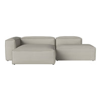 Light gray sectional sofa with a modern, minimalist design and smooth fabric texture, ideal for contemporary spaces.