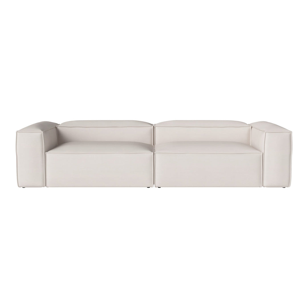 Modern white minimalist sofa with sleek lines and a smooth, solid pattern, perfect for contemporary living spaces.