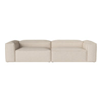 Beige sectional sofa with a contemporary design and smooth, textured fabric. Ideal for modern living rooms.