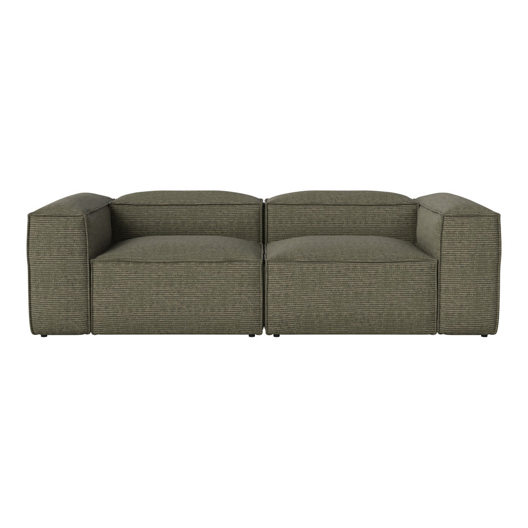 Olive green sofa with a textured pattern and modern block design, perfect for contemporary living spaces.